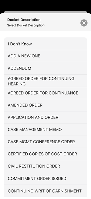 Select docket description screen
